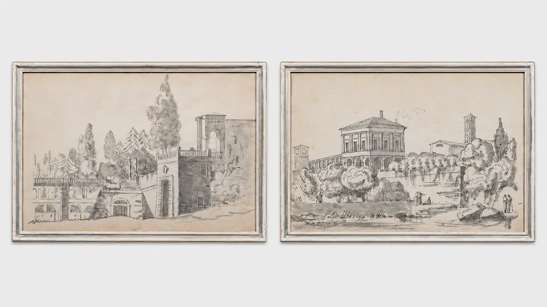Pair of framed architectural drawings
